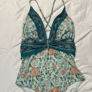 Cupshe Teal and Orange Floral One Piece Swimsuit